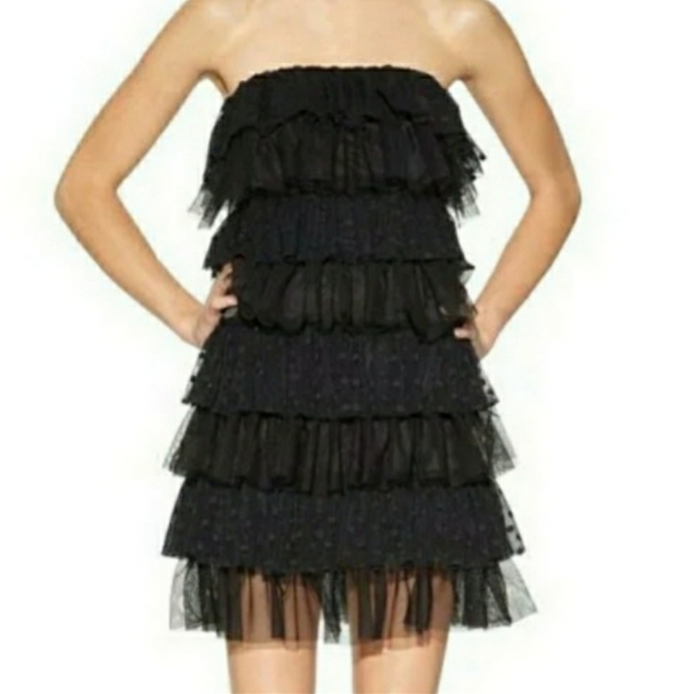 KATE YOUNG Polka Dot Strapless Ruffle Tier Black Cocktail Dress 14 (Large) NWT